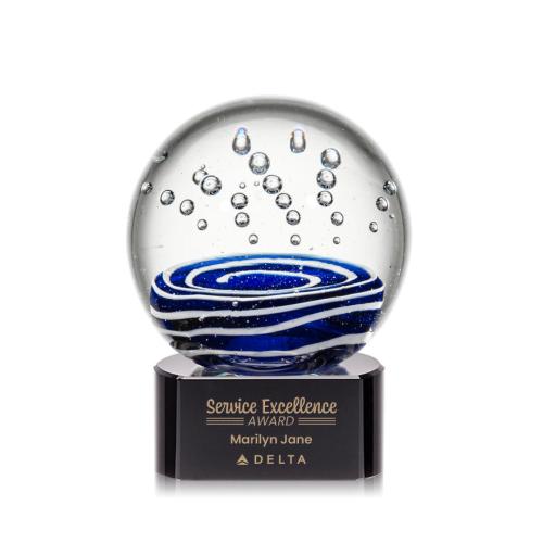 Awards and Plaques - Glass Trophies - Art Glass Trophies - Darby on Half Round Base Black Globe Glass Trophy
