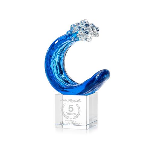 Awards and Plaques - Glass Trophies - Art Glass Trophies - Oceana on Square Crystal Base Clear Circle Glass Trophy