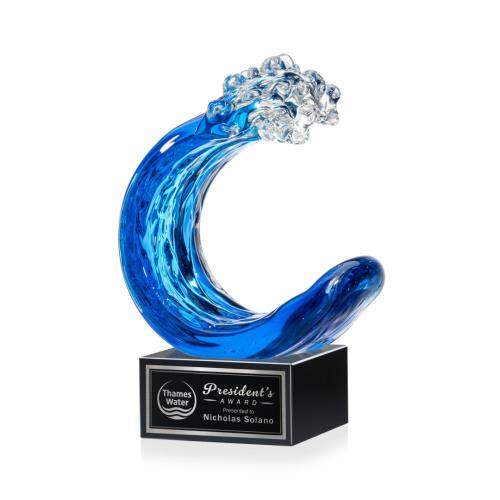 Awards and Plaques - Glass Trophies - Art Glass Trophies - Oceana on Plated Crystal Base Black Circle Glass Trophy