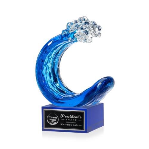 Awards and Plaques - Glass Trophies - Art Glass Trophies - Oceana on Plated Crystal Base Blue Circle Glass Trophy