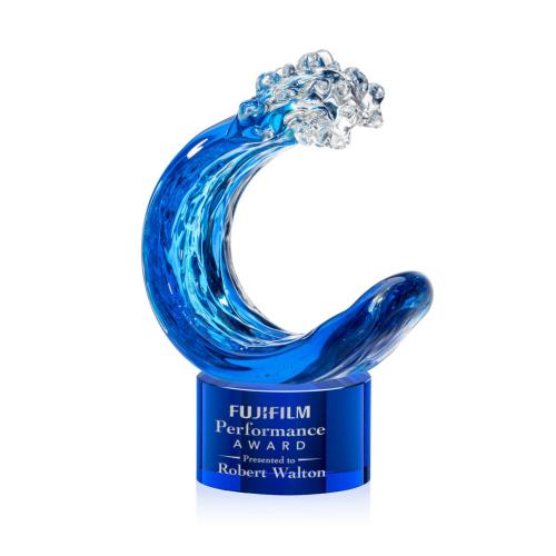 Awards and Plaques - Glass Trophies - Art Glass Trophies - Oceana on Round Base Blue Circle Glass Trophy