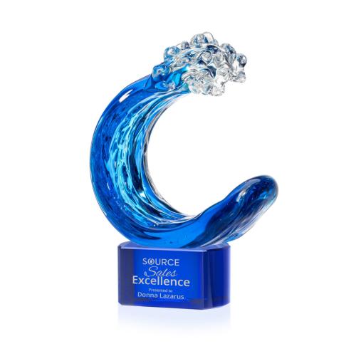 Awards and Plaques - Glass Trophies - Art Glass Trophies - Oceana on Half Round Base Blue Circle Glass Trophy