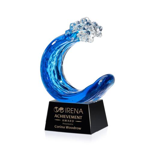 Awards and Plaques - Glass Trophies - Art Glass Trophies - Oceana on Small Crystal Base Black Circle Glass Trophy