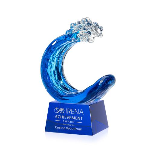 Awards and Plaques - Glass Trophies - Art Glass Trophies - Oceana on Small Crystal Base Blue Circle Glass Trophy