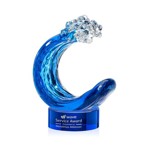 Awards and Plaques - Glass Trophies - Art Glass Trophies - Oceana on Lockwood Base Blue Circle Glass Trophy