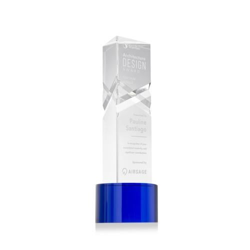 Awards and Plaques - Crystal Trophies - Groves on Round Base Blue Towers Crystal Trophy