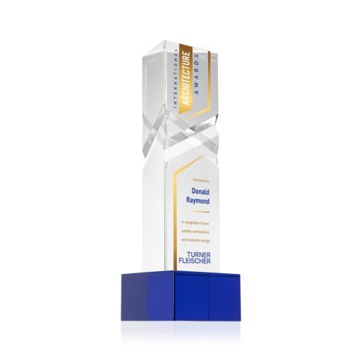 Awards and Plaques - Crystal Trophies - Groves Full Color on Plated Base Blue Towers Crystal Trophy