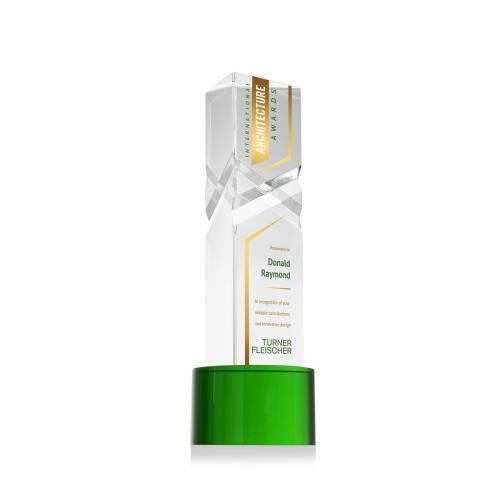 Awards and Plaques - Crystal Trophies - Groves Full Color on Round Base Green Towers Crystal Trophy