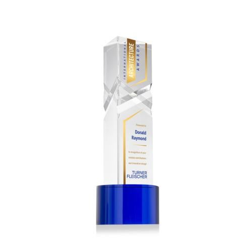 Awards and Plaques - Crystal Trophies - Groves Full Color on Round Base Blue Towers Crystal Trophy