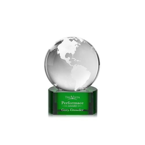Awards and Plaques - Crystal Trophies - Globe on Half Round Base Green Globe Crystal Trophy