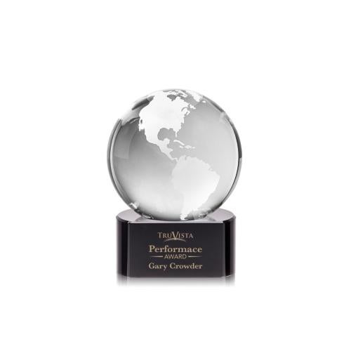 Awards and Plaques - Crystal Trophies - Globe on Half Round Base Black Globe Crystal Trophy