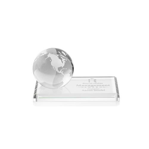 Awards and Plaques - Crystal Trophies - Crystal Paperweights - Globe on Rectangle Base Clear Globe Crystal Trophy