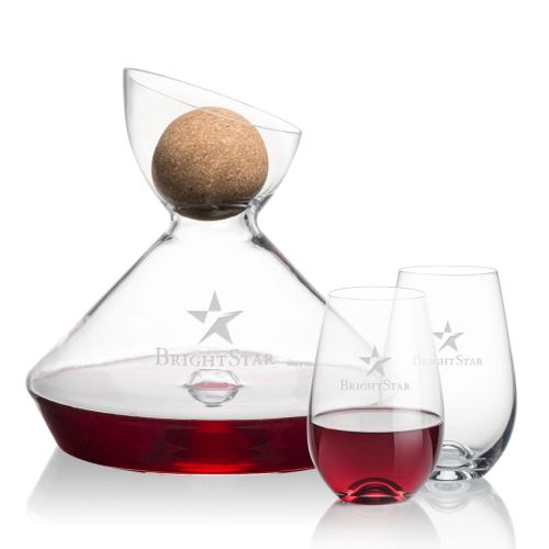 Custom Barware Glasses - Carafes - Woodbury Carafe w/Cork Stopper & Lambert Stemless Wine