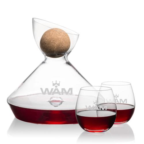 Custom Barware Glasses - Carafes - Woodbury Carafe w/Cork Stopper & Oleary Stemless Wine
