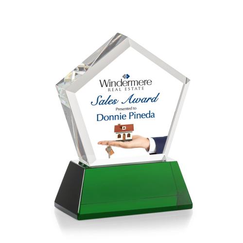 Awards and Plaques - Crystal Trophies - Costa Full Color on Base Green Polygon Crystal Trophy
