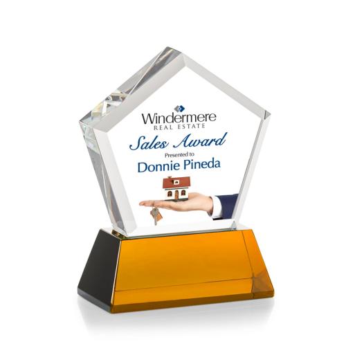 Awards and Plaques - Crystal Trophies - Costa Full Color on Base Amber Polygon Crystal Trophy