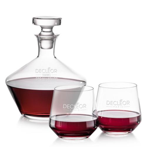 Custom Barware Glasses - Carafes - Ledford Decanter & Stemless Wine Set