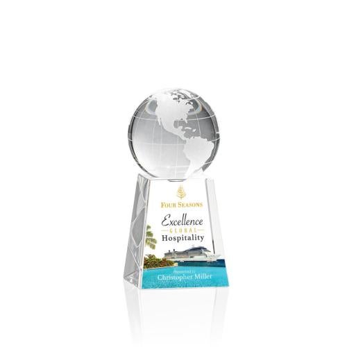 Awards and Plaques - Crystal Trophies - Globe on Tall Base Full Color Globe Crystal Trophy