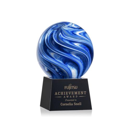 Awards and Plaques - Glass Trophies - Art Glass Trophies - Neptune on Small Crystal Base Black Globe Glass Trophy