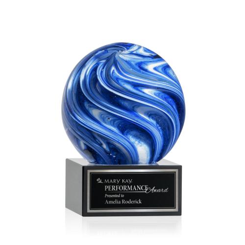 Awards and Plaques - Glass Trophies - Art Glass Trophies - Neptune on Plated Crystal Base Black Globe Glass Trophy