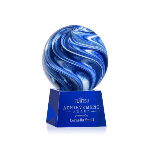 Awards and Plaques - Glass Trophies - Art Glass Trophies - Neptune on Small Crystal Base Blue Globe Glass Trophy
