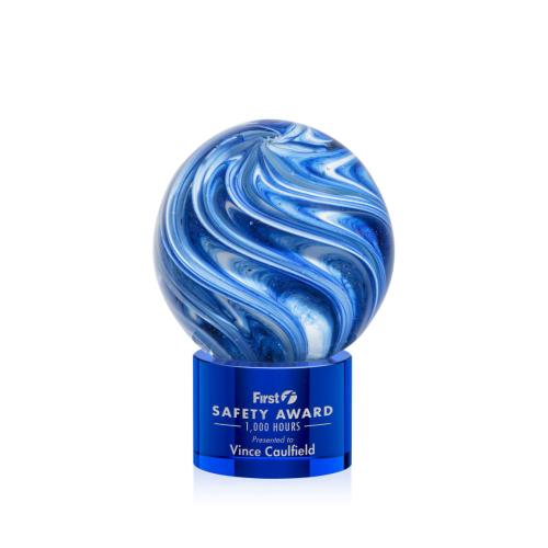 Awards and Plaques - Glass Trophies - Art Glass Trophies - Neptune on Round Base Blue Globe Glass Trophy