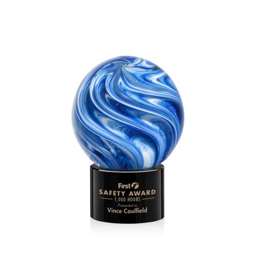 Awards and Plaques - Glass Trophies - Art Glass Trophies - Neptune on Round Base Black Globe Glass Trophy