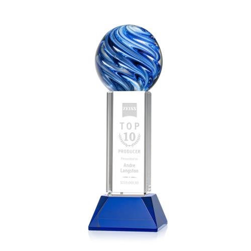 Awards and Plaques - Glass Trophies - Art Glass Trophies - Neptune Globe on Tower Base Glass Trophy