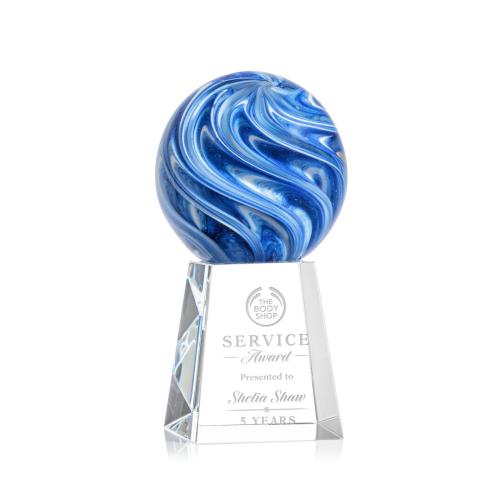 Awards and Plaques - Glass Trophies - Art Glass Trophies - Neptune Globe on Medium Crystal Base Glass Trophy