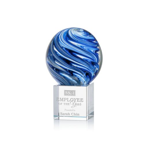 Awards and Plaques - Glass Trophies - Art Glass Trophies - Neptune Globe on Square Crystal Base Glass Trophy