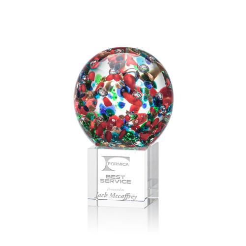 Awards and Plaques - Glass Trophies - Art Glass Trophies - Knapp Globe on Square Crystal Base Glass Trophy