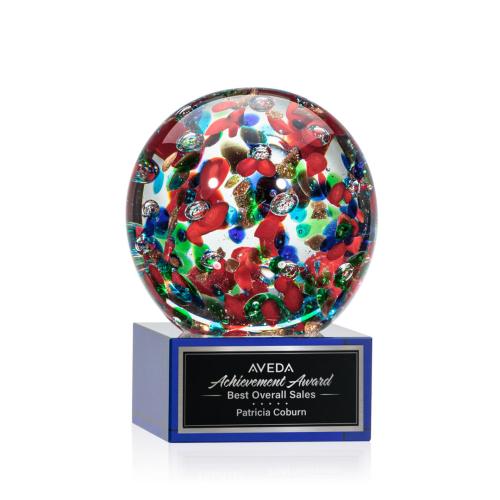 Awards and Plaques - Crystal Trophies - Knapp on Plated Crystal Base Blue Globe Glass Trophy