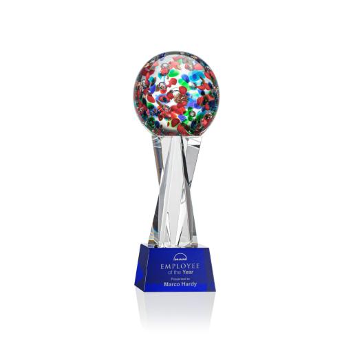 Awards and Plaques - Glass Trophies - Art Glass Trophies - Knapp on Saldana Crystal Base Blue Globe Glass Trophy