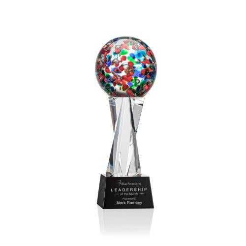 Awards and Plaques - Glass Trophies - Art Glass Trophies - Knapp on Saldana Crystal Base Black Globe Glass Trophy