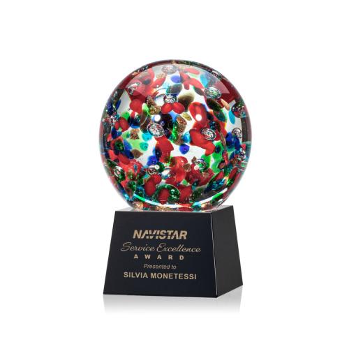 Awards and Plaques - Glass Trophies - Art Glass Trophies - Knapp on Small Crystal Base Black Globe Glass Trophy