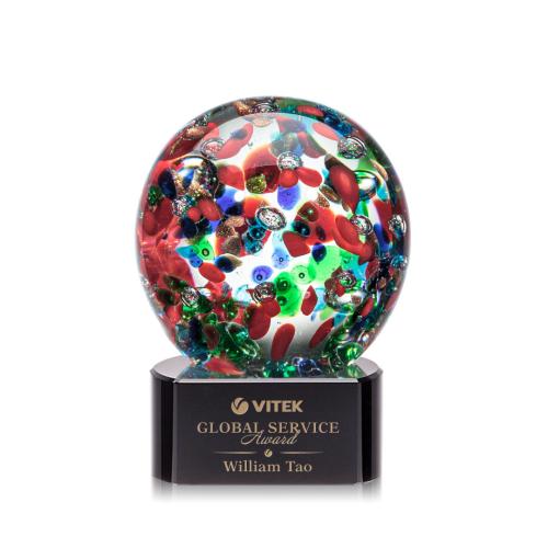 Awards and Plaques - Glass Trophies - Art Glass Trophies - Knapp on Half Round Base Black Globe Glass Trophy