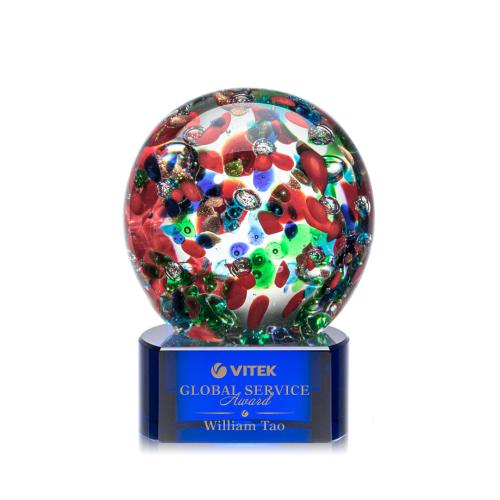 Awards and Plaques - Glass Trophies - Art Glass Trophies - Knapp on Half Round Base Blue Globe Glass Trophy