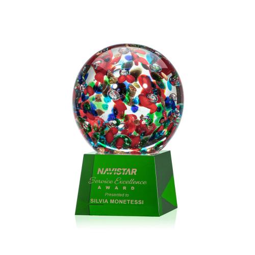 Awards and Plaques - Glass Trophies - Art Glass Trophies - Knapp on Small Crystal Base Green Globe Glass Trophy