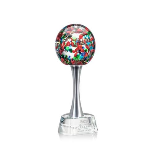 Awards and Plaques - Glass Trophies - Art Glass Trophies - Knapp Globe on Metal Pedestal Base Glass Trophy