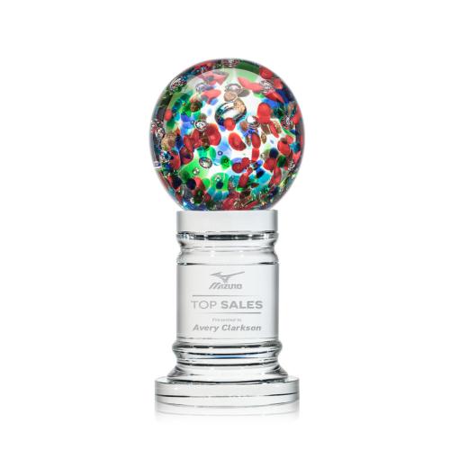 Awards and Plaques - Glass Trophies - Art Glass Trophies - Knapp Globe on Crystal Pedestal Base Glass Trophy