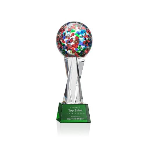 Awards and Plaques - Glass Trophies - Art Glass Trophies - Knapp on Saldana Crystal Base Green Globe Glass Trophy