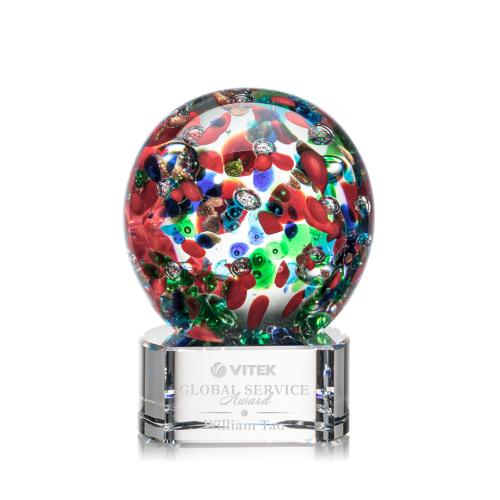 Awards and Plaques - Glass Trophies - Art Glass Trophies - Knapp on Half Round Base Clear Globe Glass Trophy