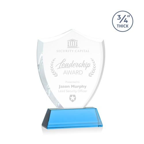 Awards and Plaques - Crystal Trophies - Escamilla Shield on Helton Sky Blue Unique Crystal Trophy