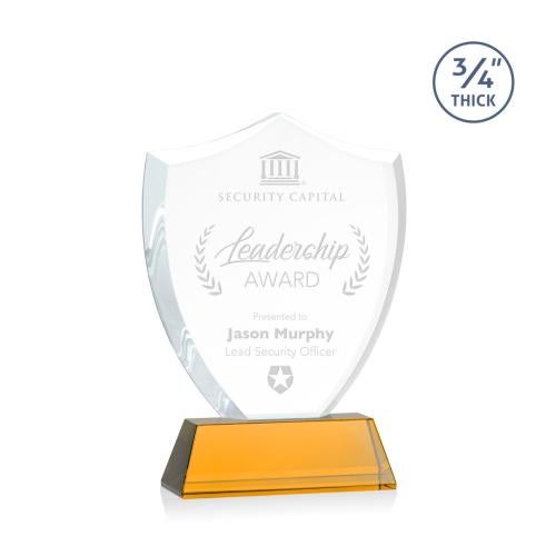 Awards and Plaques - Crystal Trophies - Escamilla Shield on Helton Amber Unique Crystal Trophy
