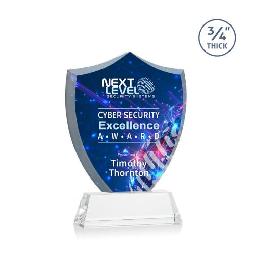 Awards and Plaques - Crystal Trophies - Escamilla Sheild Full Color on Helton Clear Unique Crystal Trophy