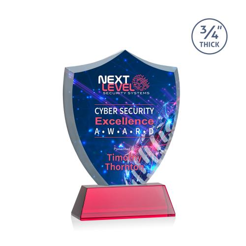 Awards and Plaques - Crystal Trophies - Escamilla Shield Full Color on Helton Red Unique Crystal Trophy