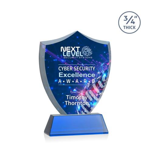 Awards and Plaques - Crystal Trophies - Escamilla Shield Full Color on Helton Blue Unique Crystal Trophy