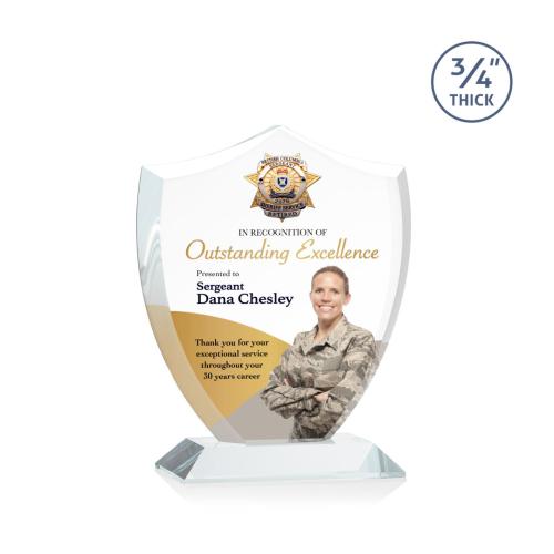 Awards and Plaques - Crystal Trophies - Escamilla Shield Full Color Clear Unique Crystal Trophy