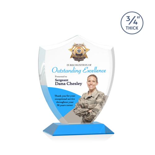 Awards and Plaques - Crystal Trophies - Escamilla Shield Full Color Sky Blue Unique Crystal Trophy