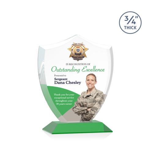 Awards and Plaques - Crystal Trophies - Escamilla Shield Full Color Green Unique Crystal Trophy